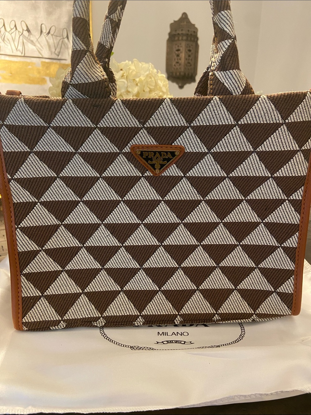 Prada Brown & White Geometric Canvas Tote